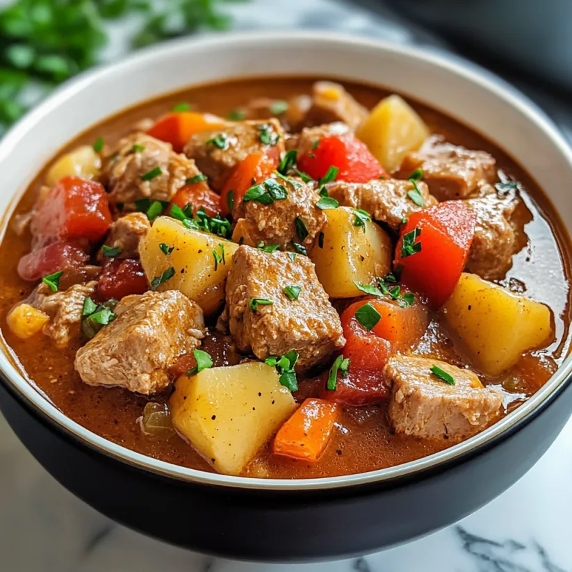 A bowl of pork stew with potatoes and carrots.