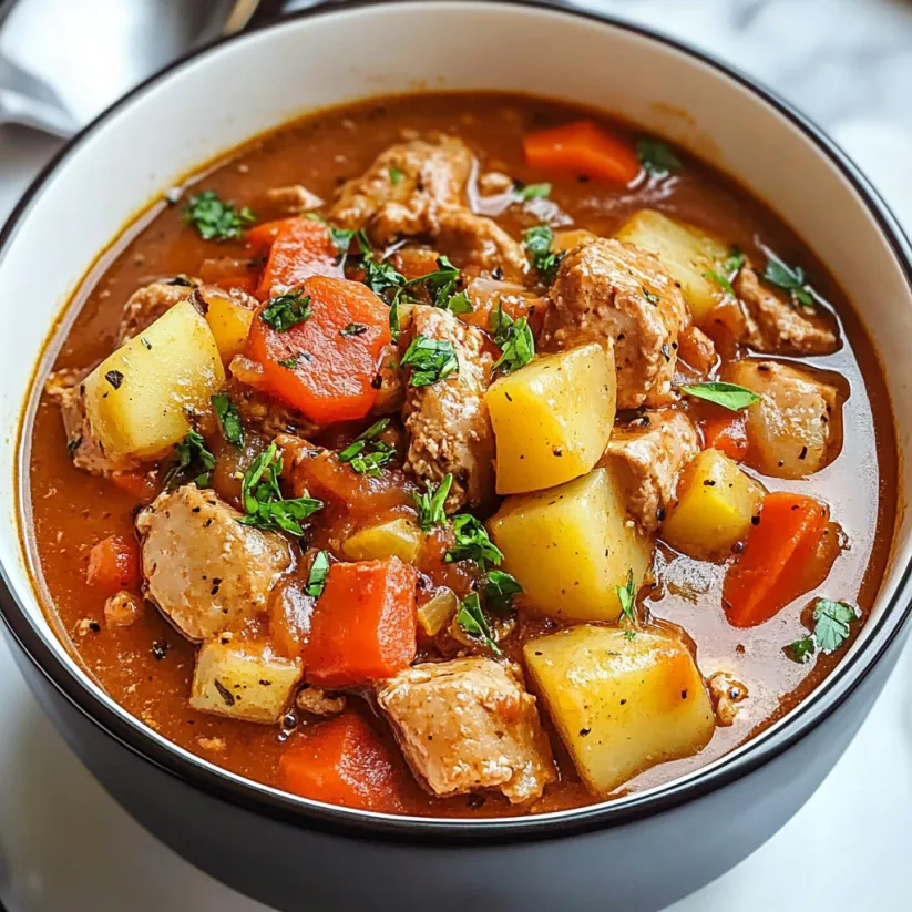 A bowl of pork stew with carrots and potatoes.