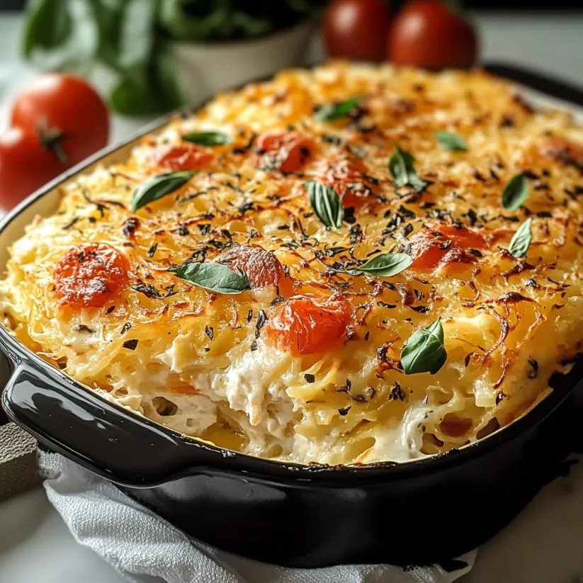 A dish of chicken hashbrown casserole with tomatoes and herbs.