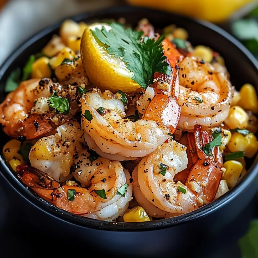 A bowl of shrimp with Mexican street corn sauce.