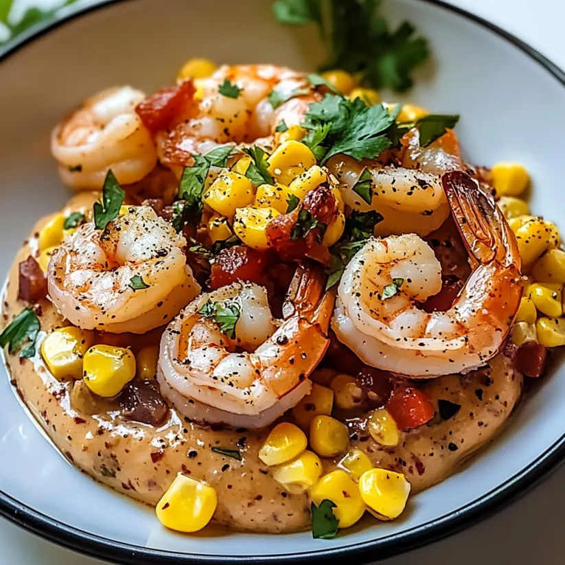 A plate of shrimp with Mexican street corn sauce.