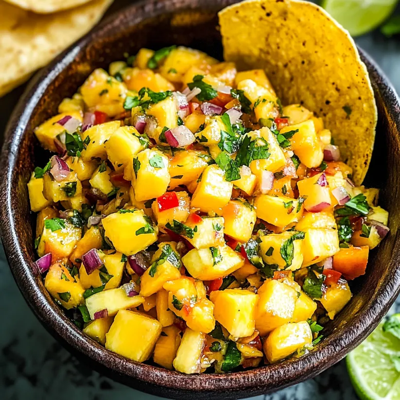 A bowl of mango salsa with chips.