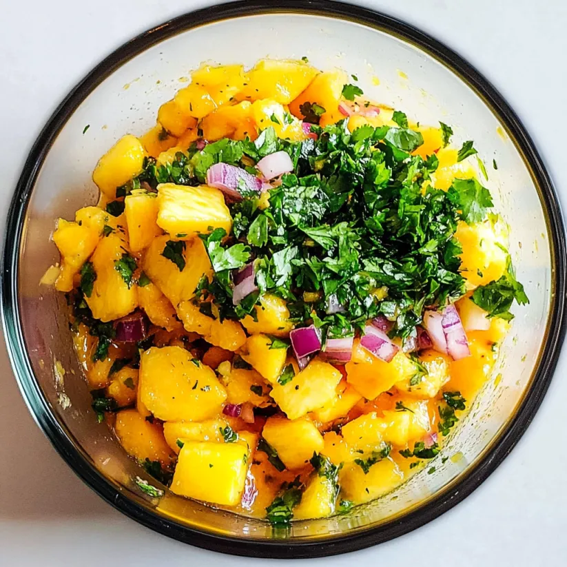 A bowl of mango salsa with onions and cilantro.