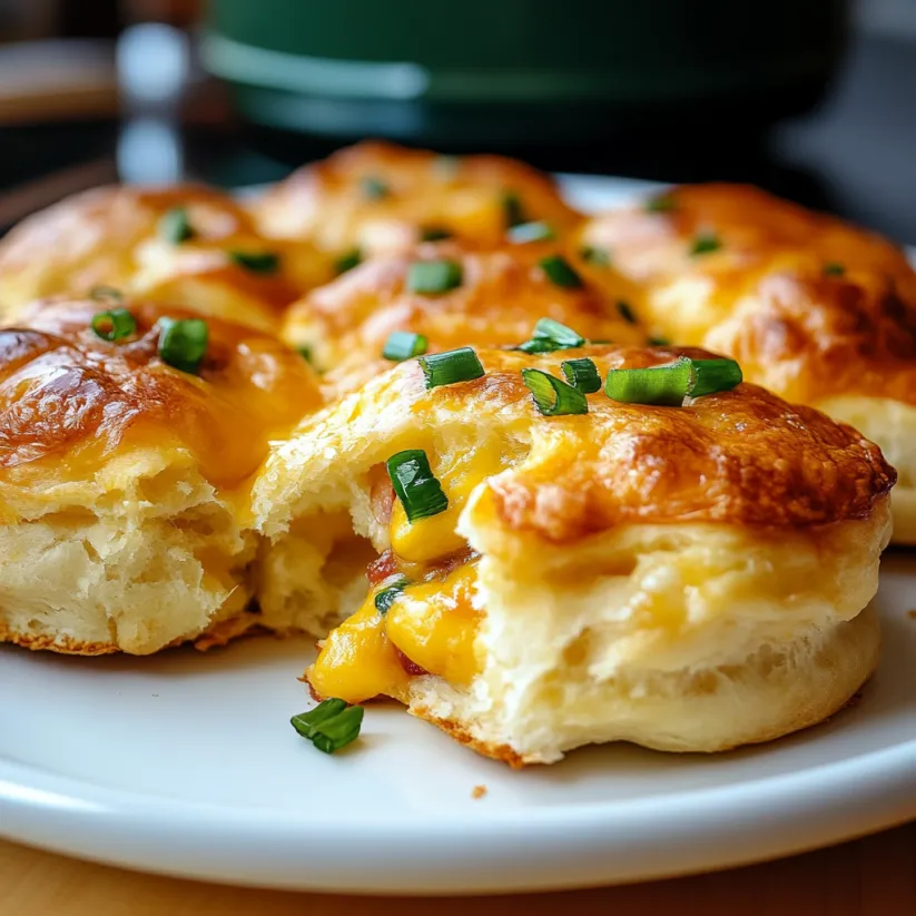 A plate of biscuits with cheese and green onions.