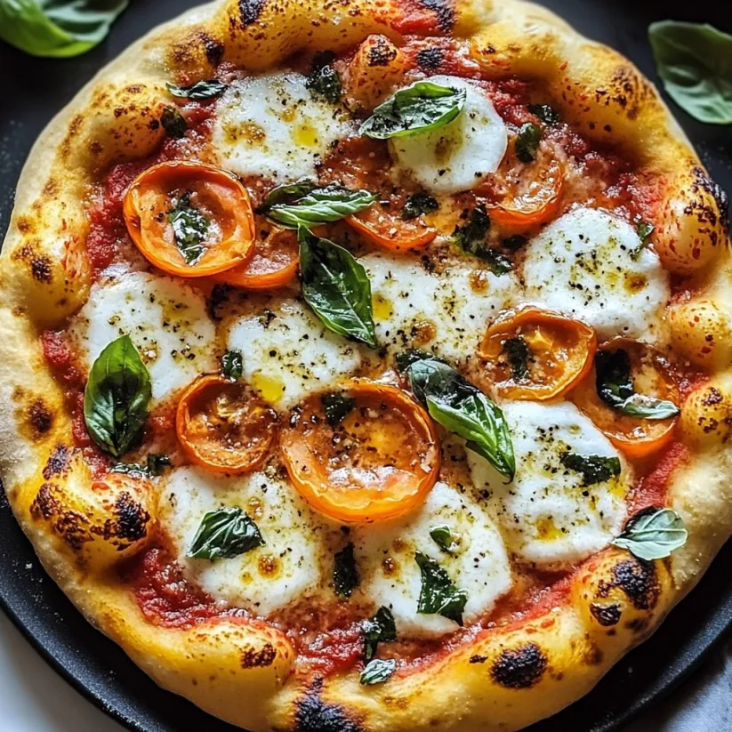 A pizza with tomatoes and basil on top.