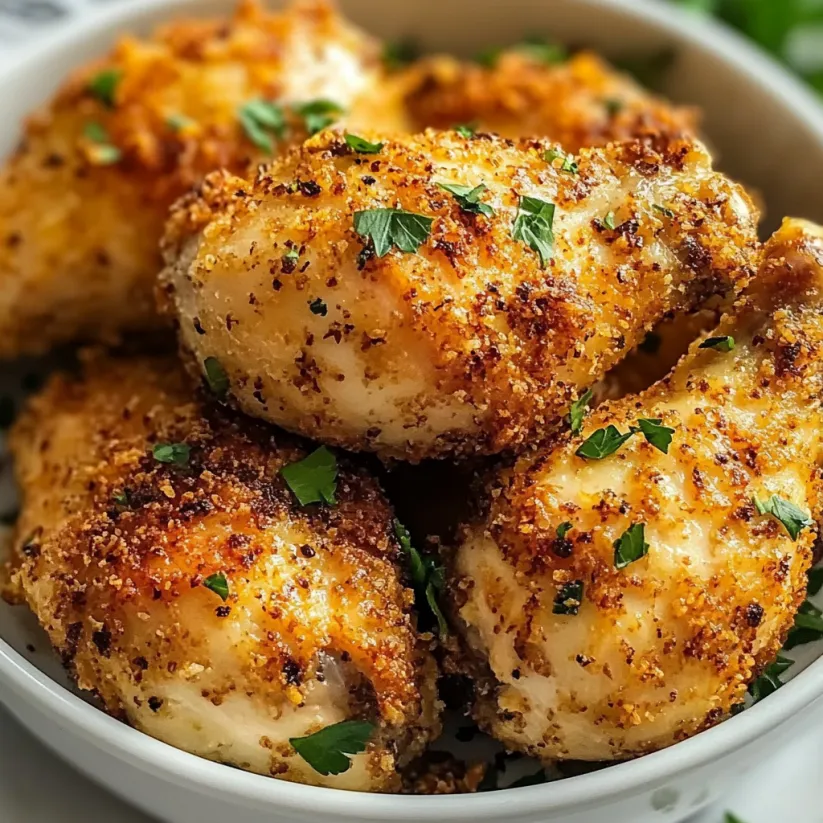 A bowl of chicken with herbs on top.