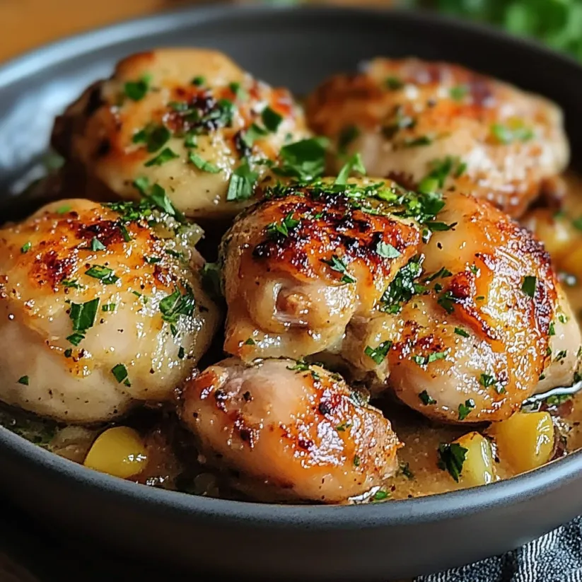 A bowl of chicken with herbs and spices.