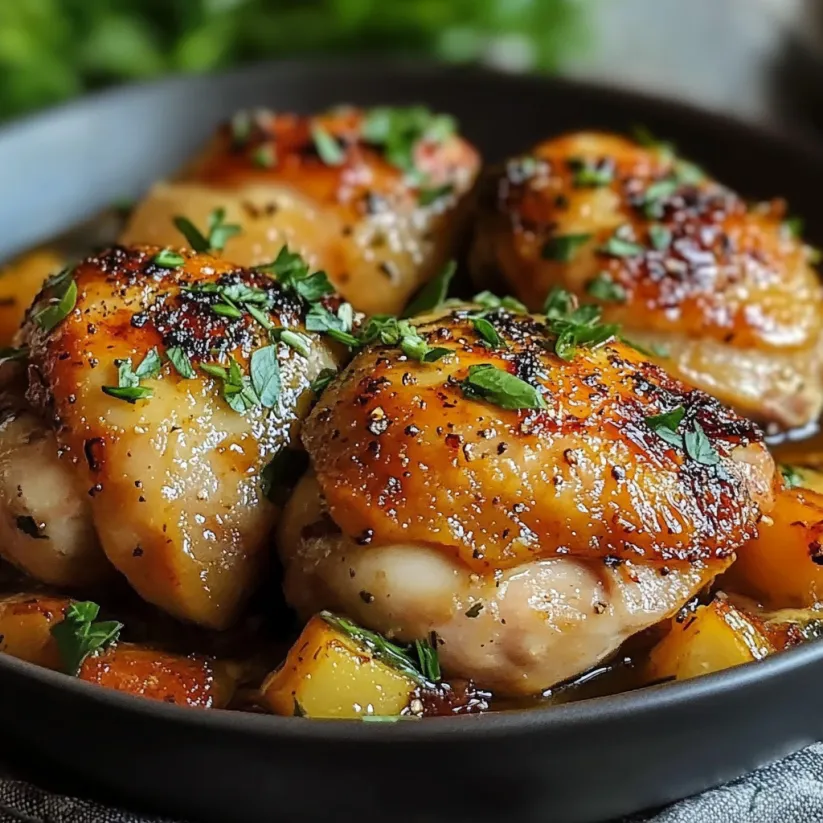 A bowl of chicken with herbs and spices.
