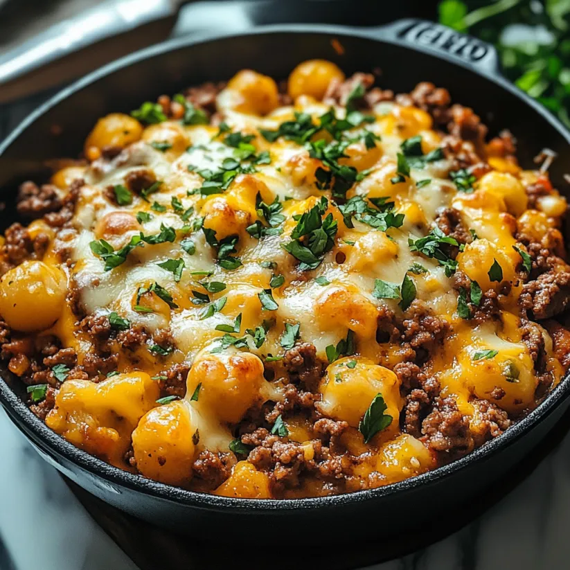 A close up of a hobo casserole with ground beef.