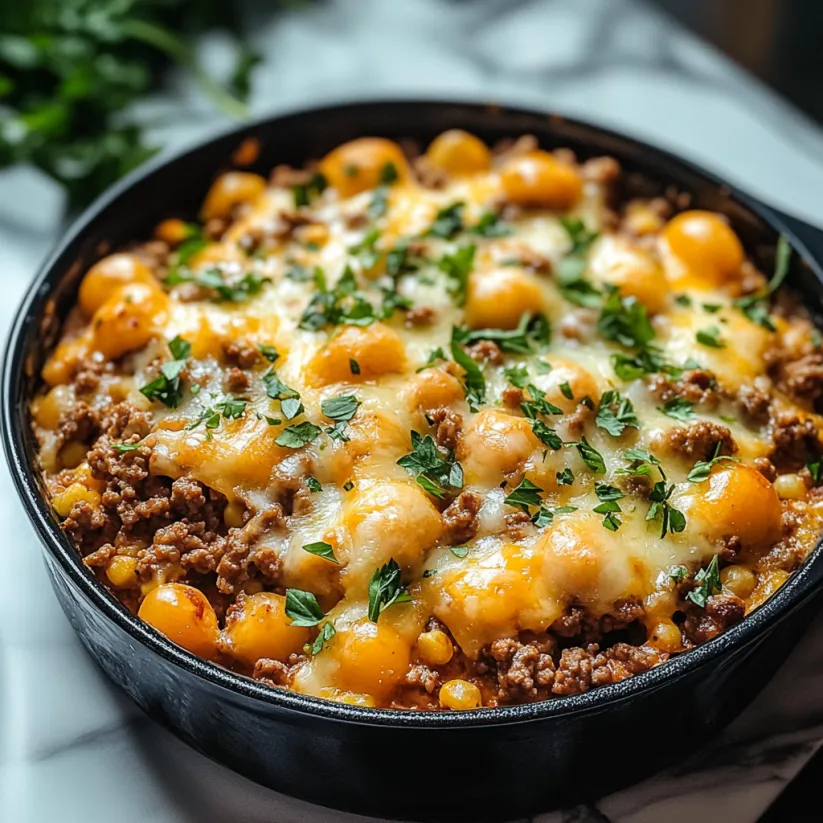 A black skillet with a delicious meal of meat and vegetables.
