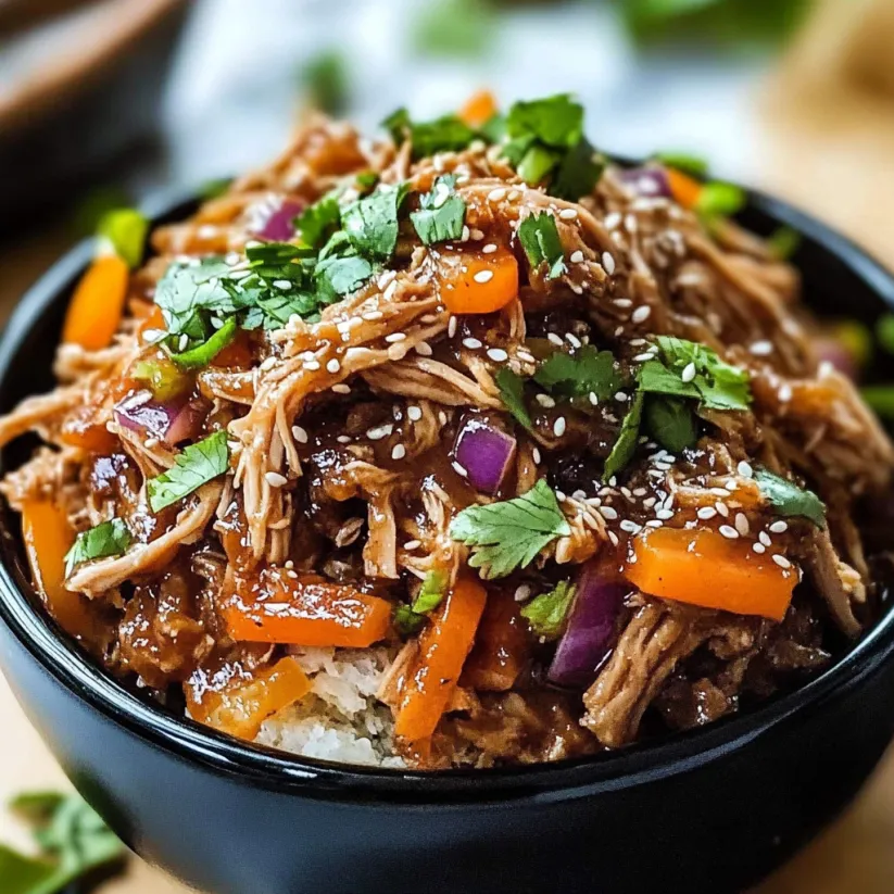 A bowl of slow cooker Asian pulled pork.