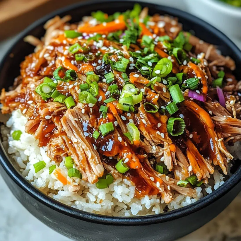 A bowl of slow cooker Asian pulled pork.