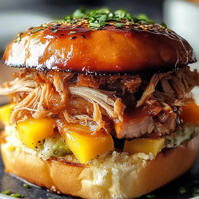 A close up of a delicious Hawaiian Pulled Pork Sandwich.