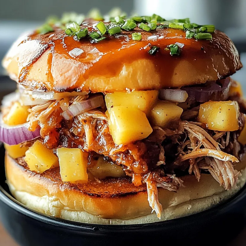 A close up of a Hawaiian Pulled Pork Sandwich.