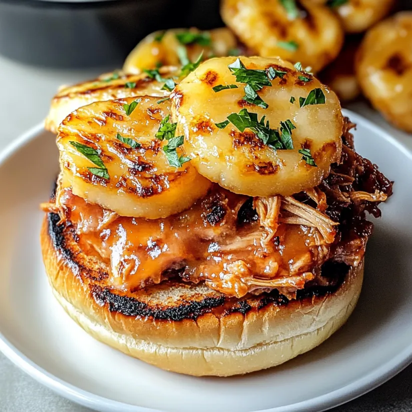 A sandwich with meat and a pineapple slice on top.