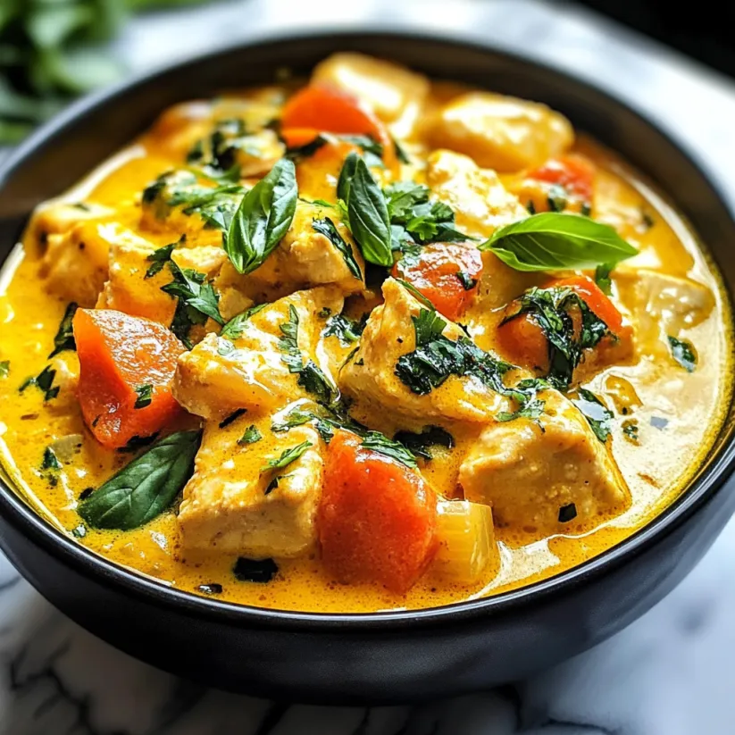 A bowl of yellow curry with chicken and vegetables.