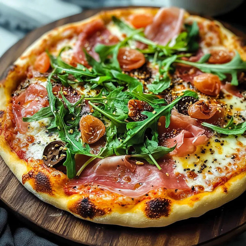 A pizza with prosciutto and arugula on top.