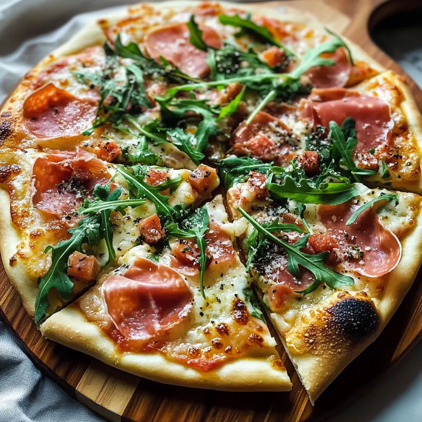 A pizza with arugula on top.