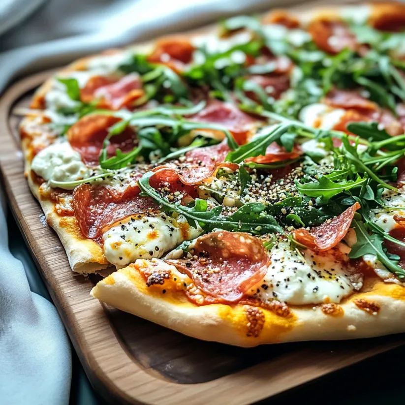 A pizza with pepperoni and spinach on a wooden board.