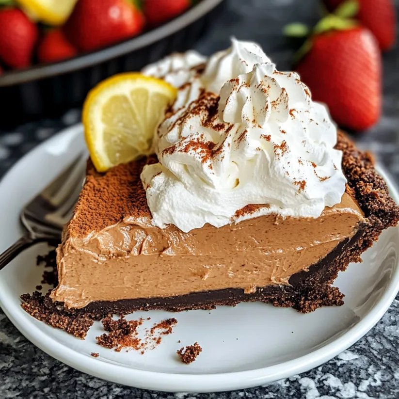 A slice of French Silk Pie with whipped cream on top.