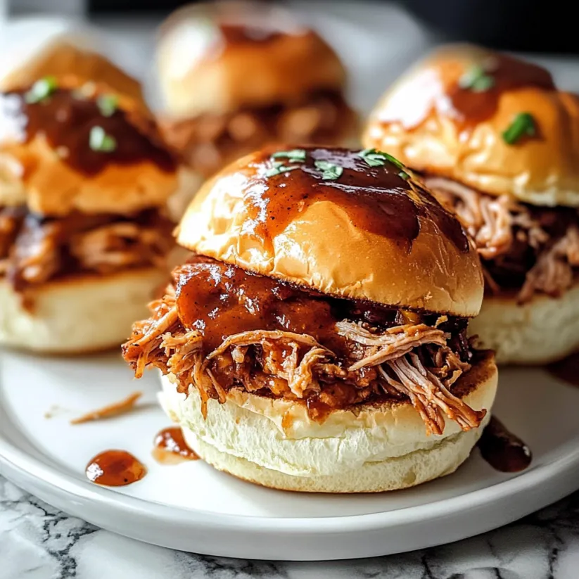 A plate of pulled pork sliders on Hawaiian rolls.