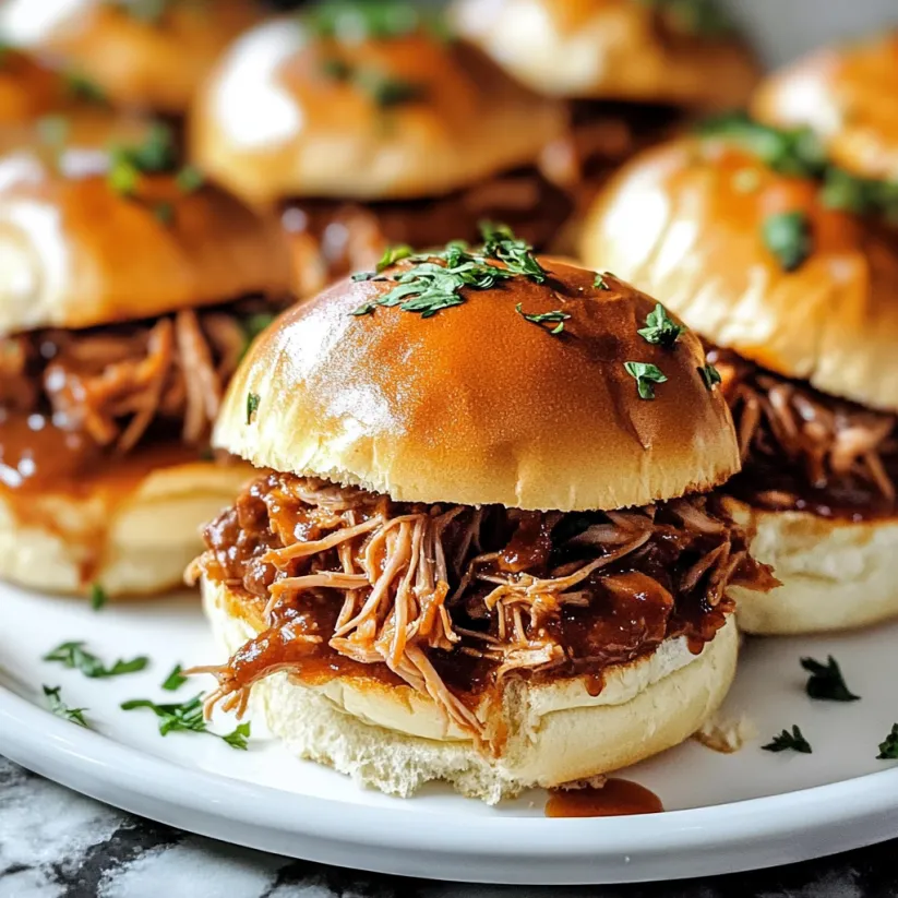 A plate of pulled pork sliders on Hawaiian rolls.