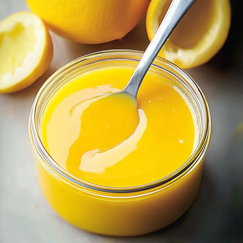 A spoon in a jar of lemon curd.