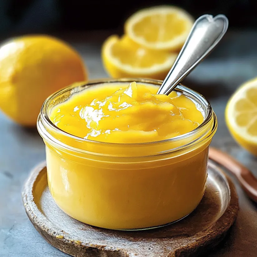 A bowl of lemon curd with a spoon in it.