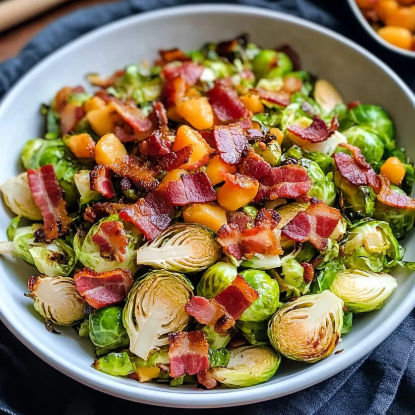 A bowl of food with bacon and brussel sprouts.
