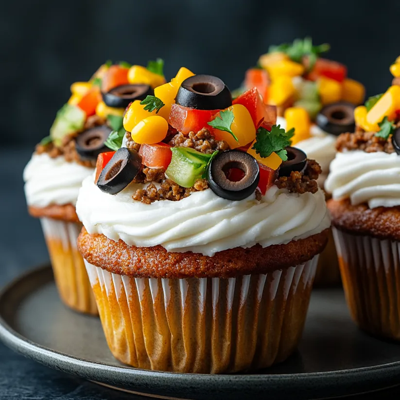 A cupcake with a slice of tomato and black olives on top.