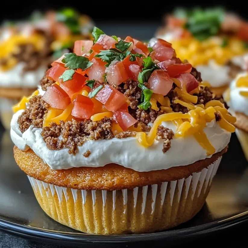 A cupcake with cheese and tomatoes on top.