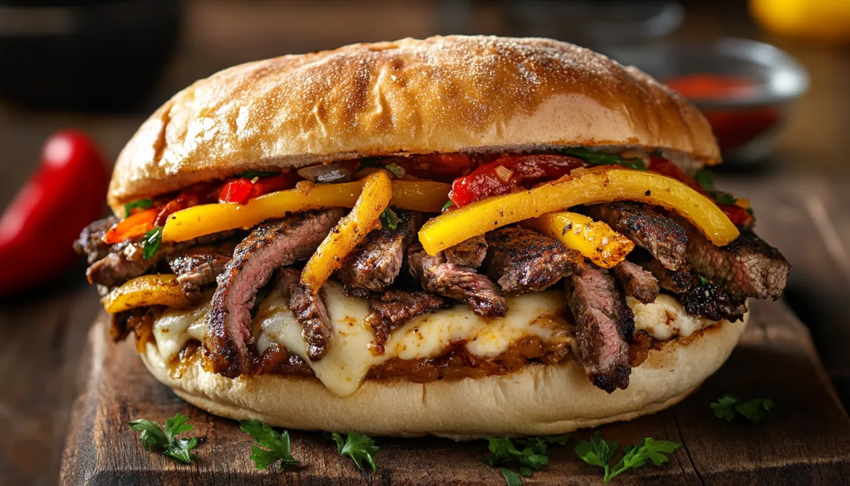 A close up of a cheesesteak sandwich.