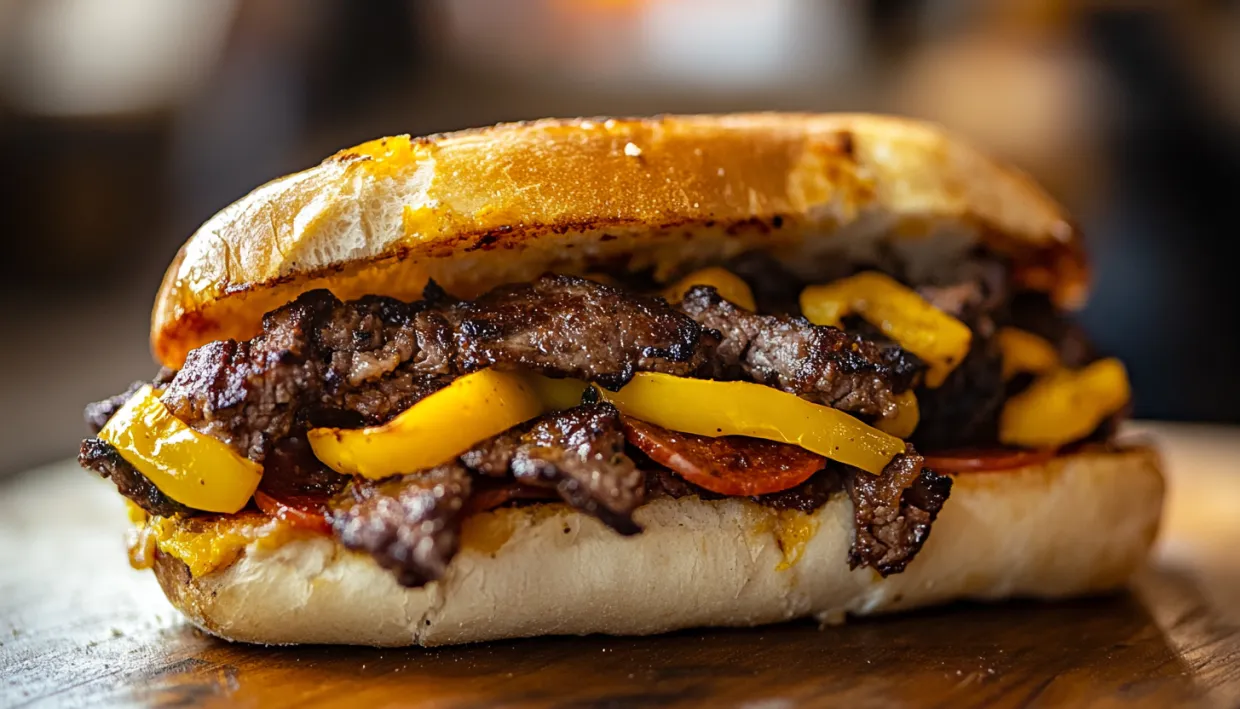 A close up of a cheesesteak sandwich.