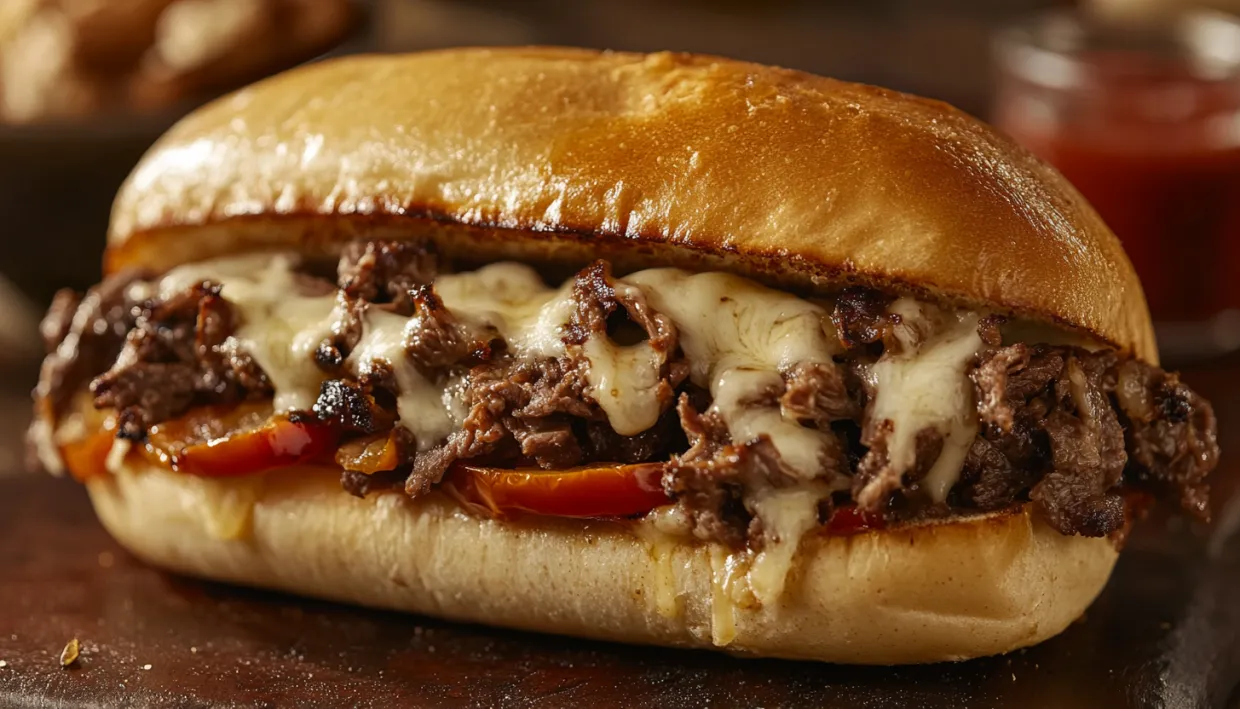 A sandwich with meat and cheese.