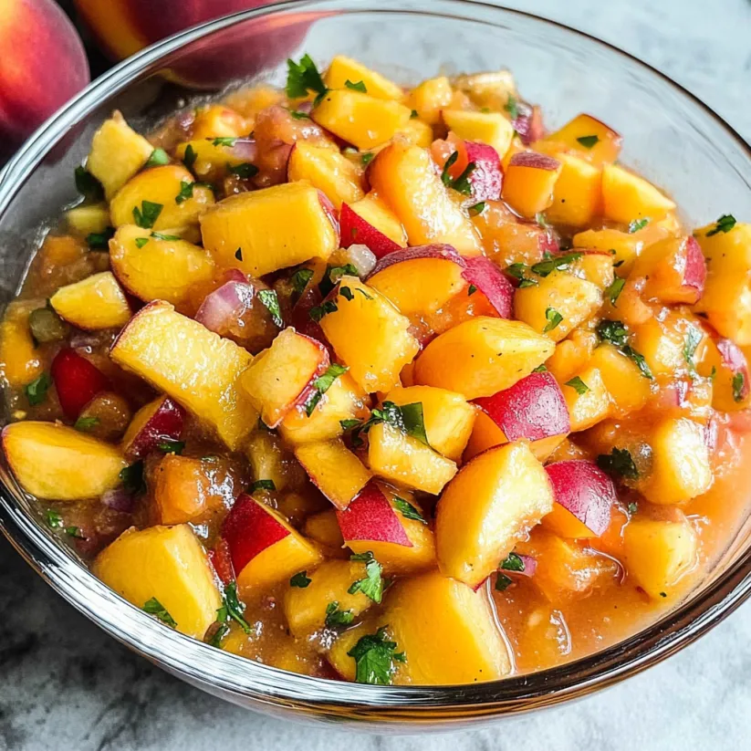 A bowl of peach salsa with a spoon in it.