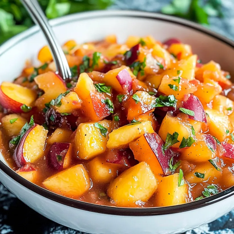 A bowl of peach salsa with a spoon in it.