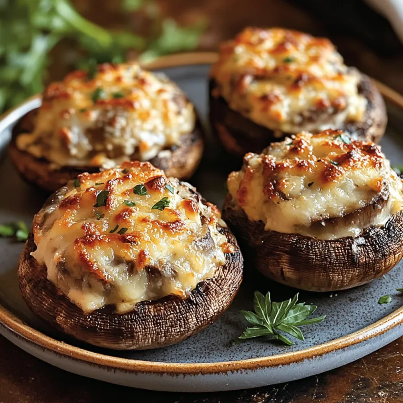 Four mushrooms with cheese and herbs on a plate.