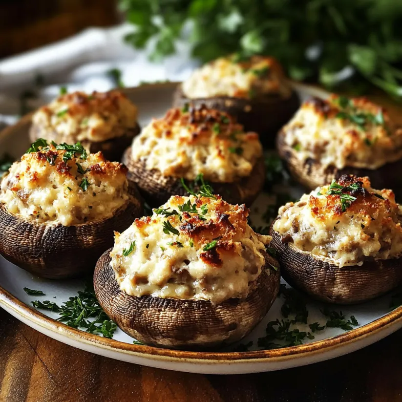 A plate of mushrooms with cheese on top.