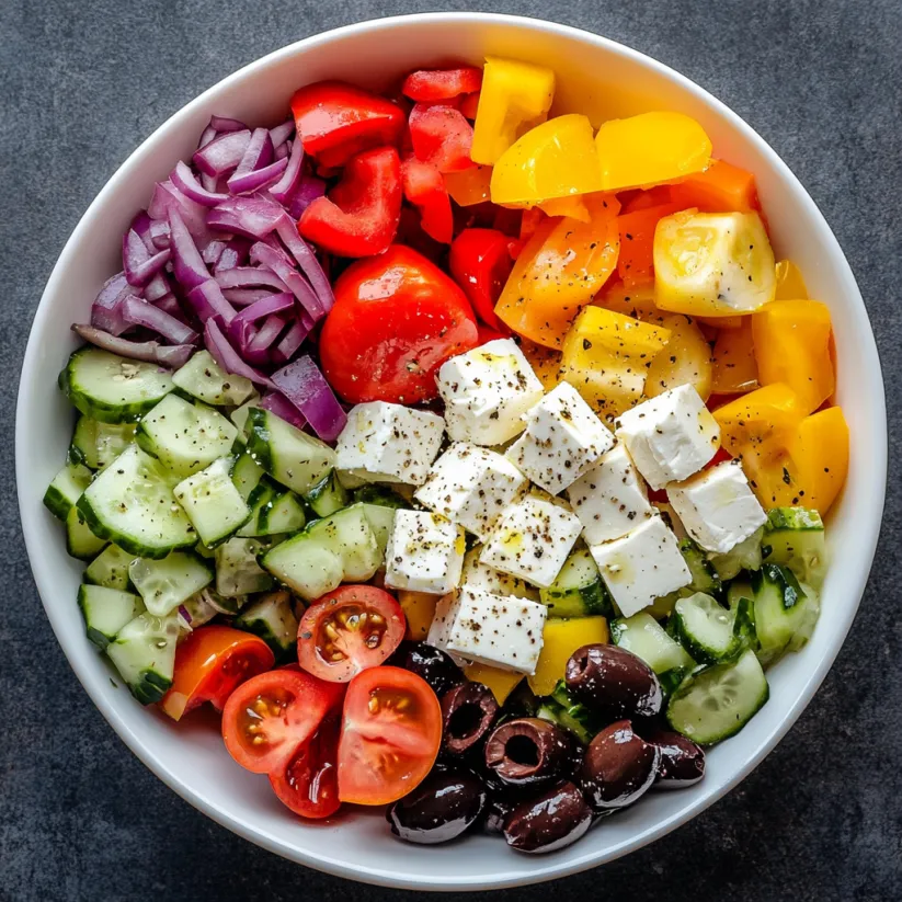 A bowl of salad with tomatoes, cucumbers, olives, and feta cheese.