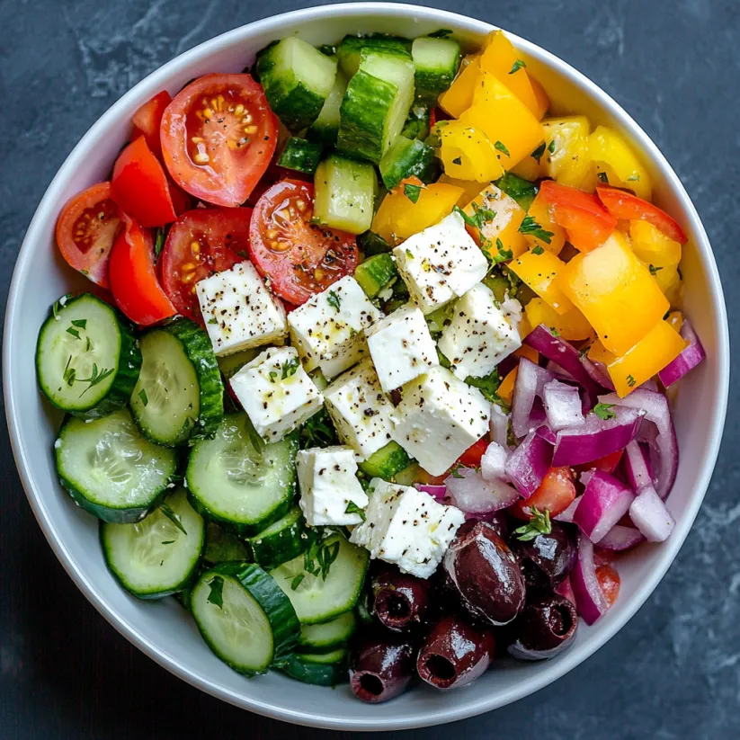 A bowl of salad with feta cheese, olives, and cucumbers.