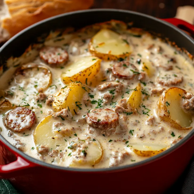 A pot of Cajun potato soup with a spoon in it.