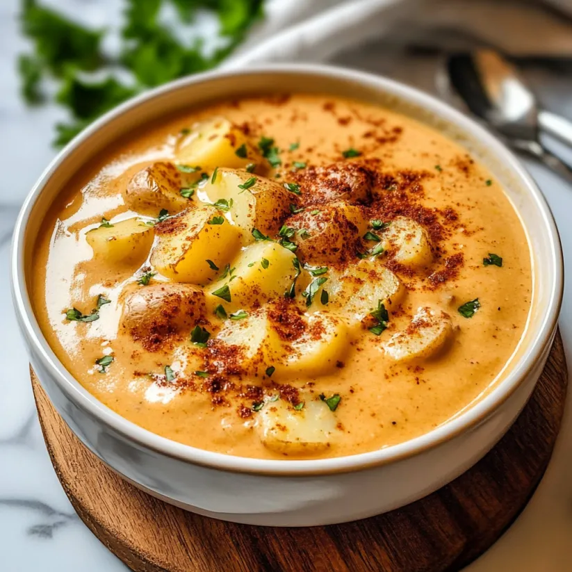 A bowl of soup with potatoes and herbs.