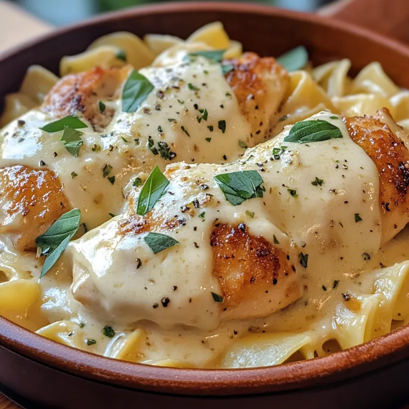 A bowl of food with chicken and noodles.
