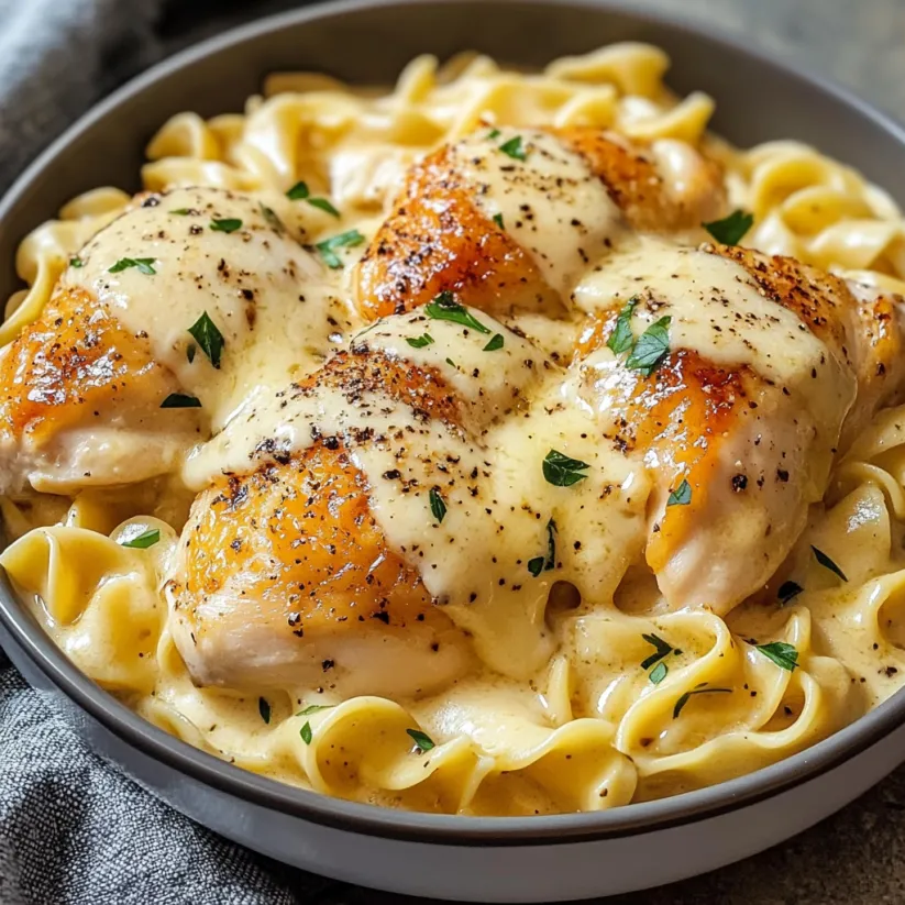 A bowl of chicken and noodles.