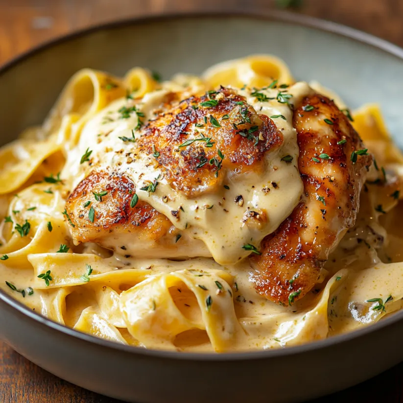 A bowl of pasta with chicken on top.