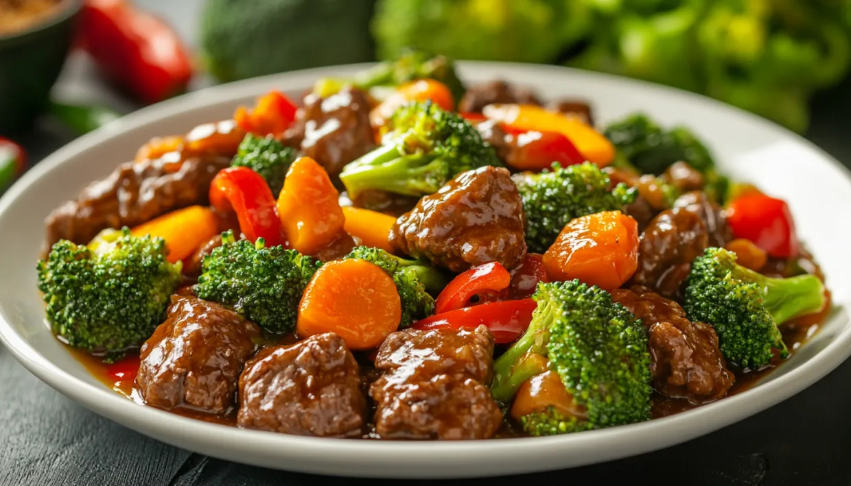 A plate of food with meat and broccoli.