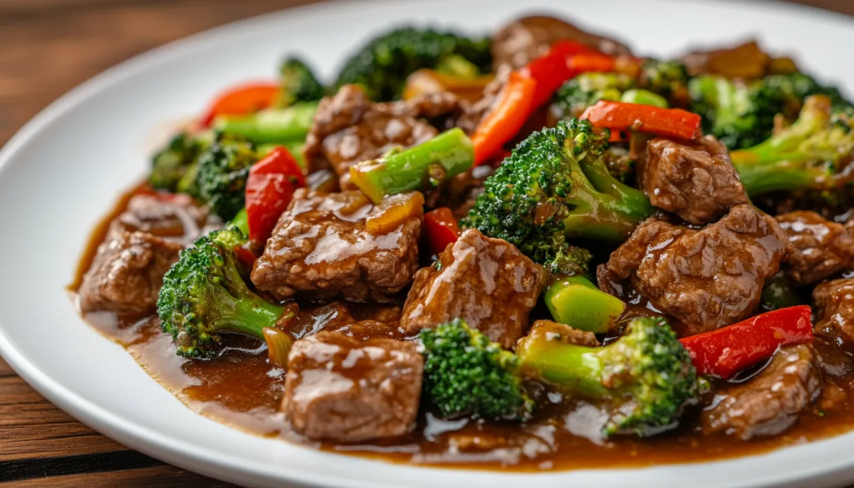 A plate of food with meat and broccoli.