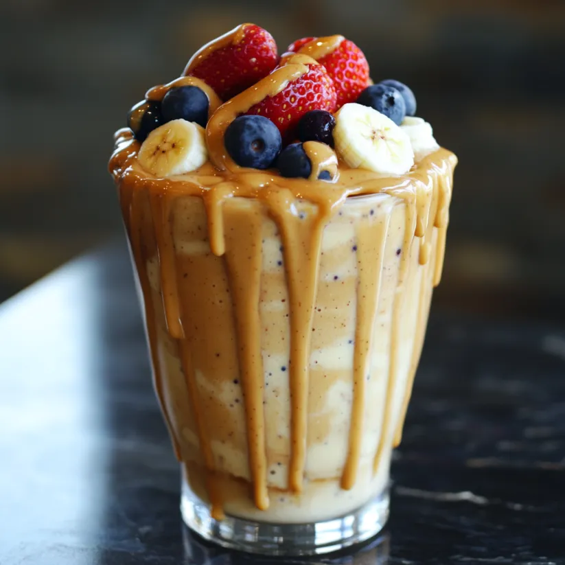 A glass of a smoothie with bananas, strawberries, and peanut butter.