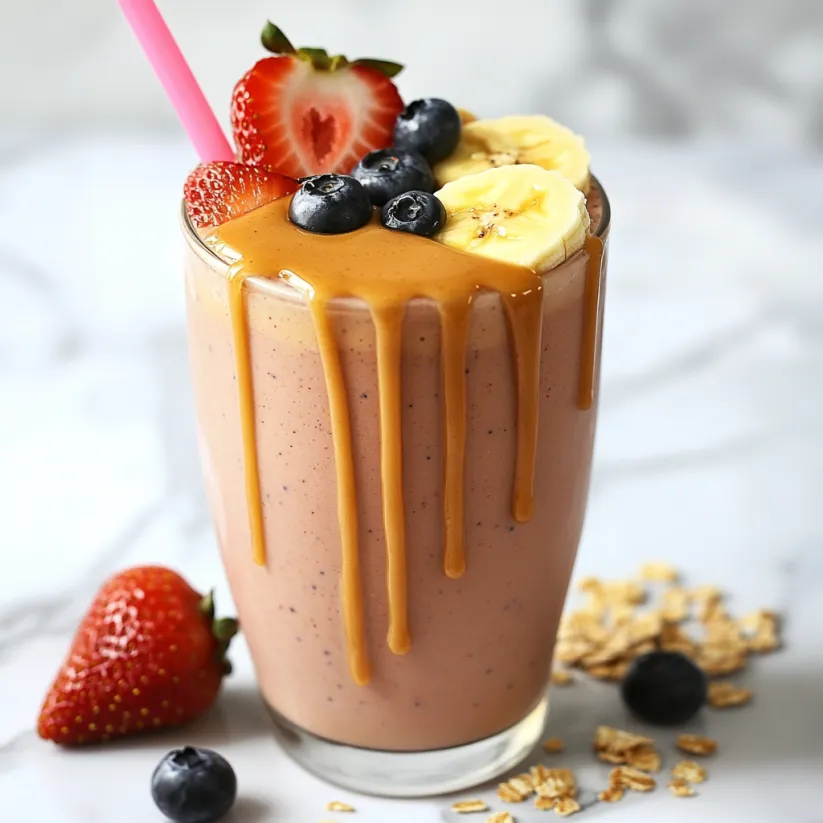A glass of a smoothie with strawberries and bananas.