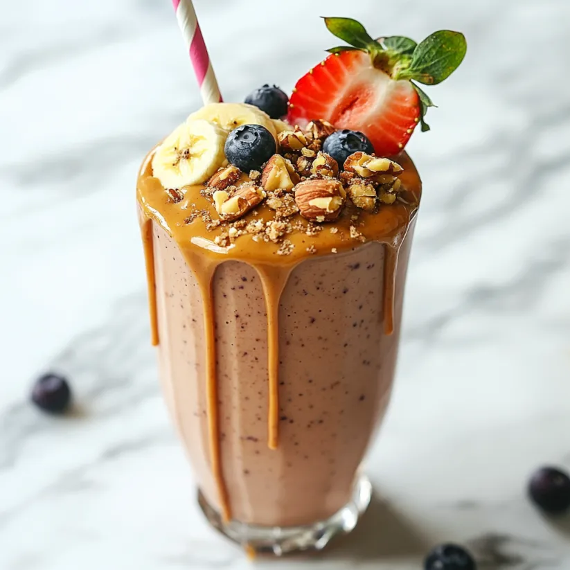 A glass of chocolate milk with bananas and blueberries.
